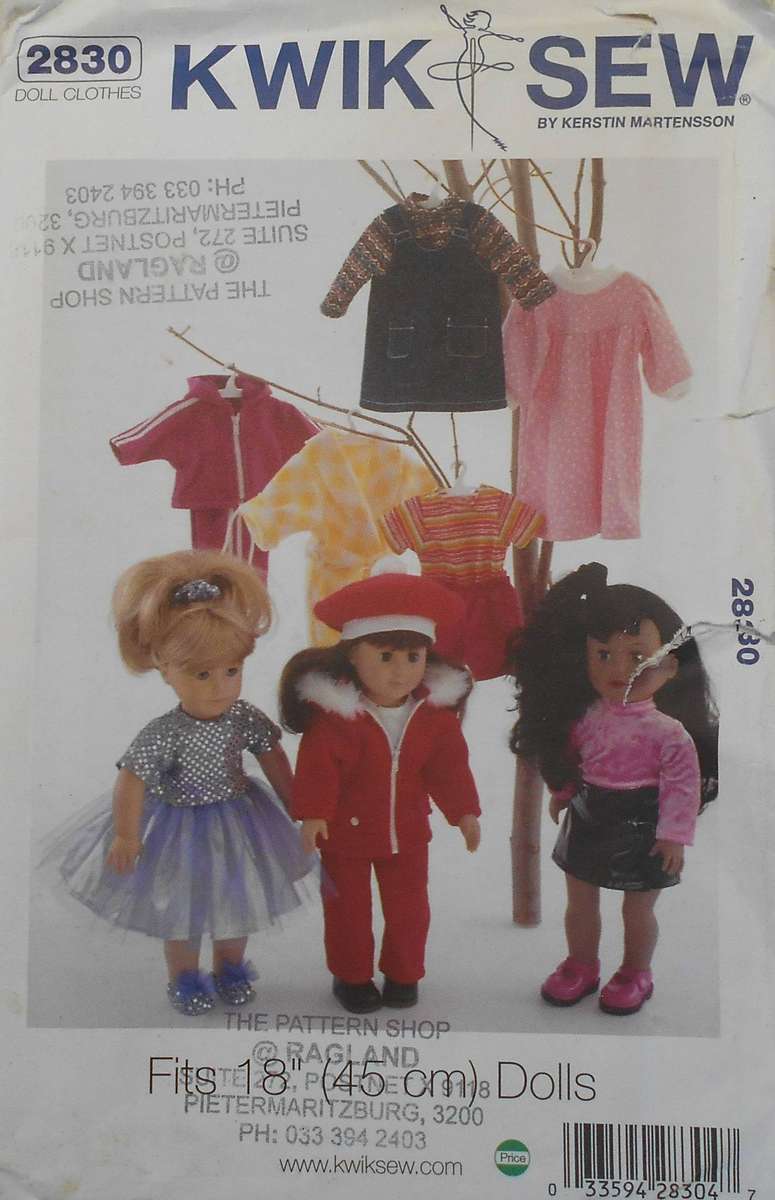 KWIK SEW 2830 DOLLS CLOTHES TO FIT 18" OR 45 CM DOLLS COMPLETE-UNCUT-F/FOLDED