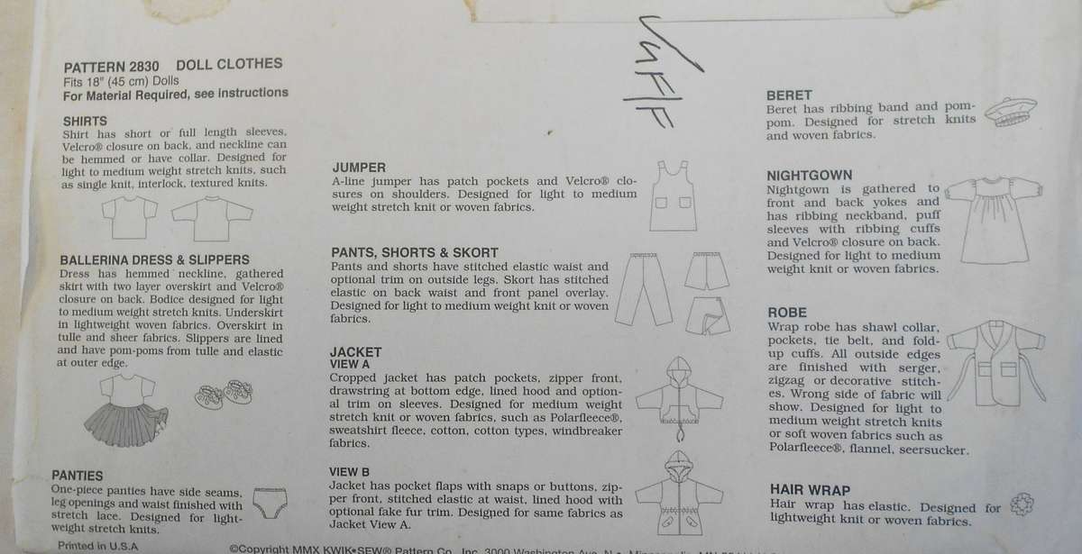 KWIK SEW 2830 DOLLS CLOTHES TO FIT 18" OR 45 CM DOLLS COMPLETE-UNCUT-F/FOLDED