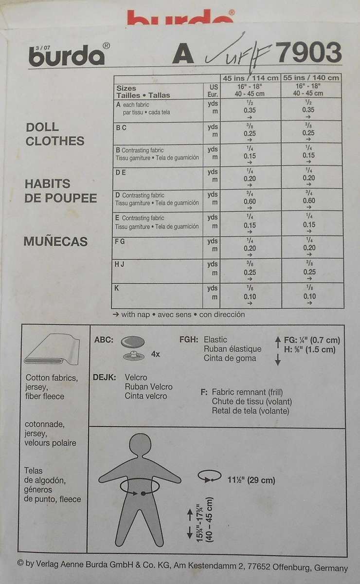 BURDA 7903 DOLL'S CLOTHES-SIZE 11 1/2" OR 29 CM COMPLETE-UNCUT-F/FOLDED