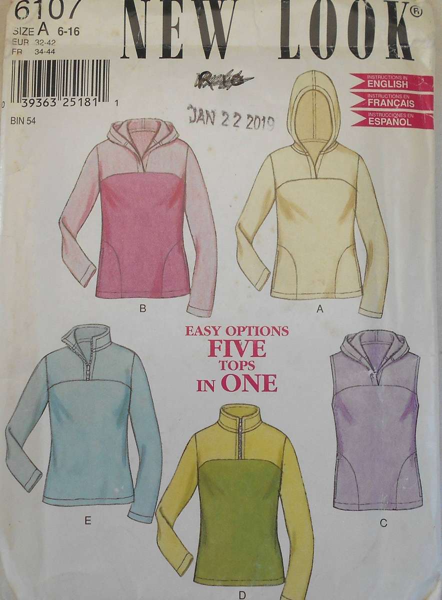 NEW LOOK PATTERNS 6107 HOODIE-COLLARED SWEATSHIRT SIZE 6-16 COMPLETE-UNCUT-F/FOLDED