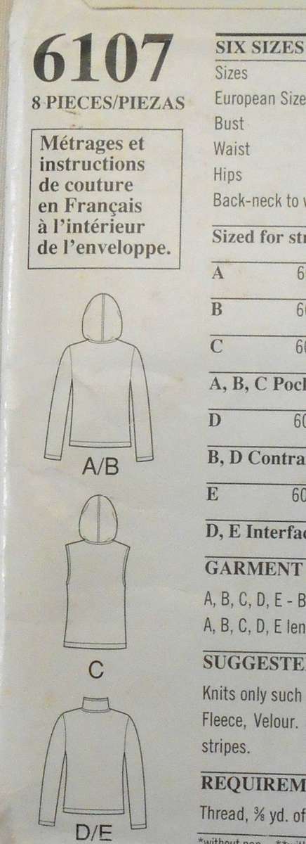 NEW LOOK PATTERNS 6107 HOODIE-COLLARED SWEATSHIRT SIZE 6-16 COMPLETE-UNCUT-F/FOLDED