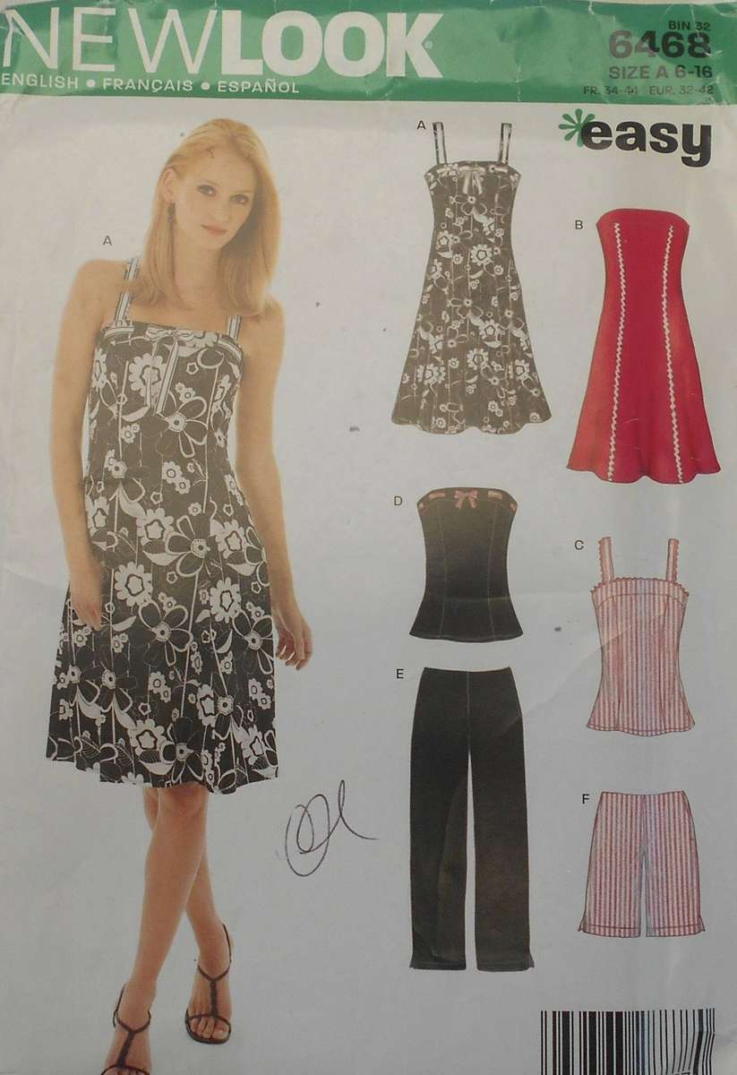 NEW LOOK PATTERNS 6468 TOP/DRESS WITH CROSSOVER STRAP/STRAPLESS-PANTS SIZE 6-16 COMPLETE-UNCUT-F/F