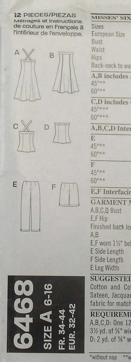 NEW LOOK PATTERNS 6468 TOP/DRESS WITH CROSSOVER STRAP/STRAPLESS-PANTS SIZE 6-16 COMPLETE-UNCUT-F/F