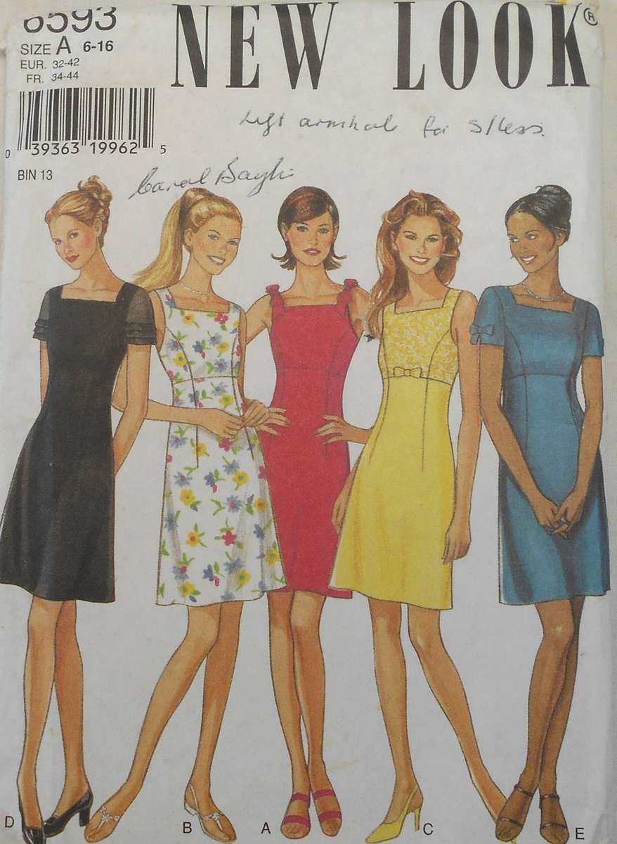 NEW LOOK PATTERNS 6593 HIGH BODICE DRESS WITH SQUARE NECK SIZE 6-16 COMPLETE UNCUT F/FOLDED