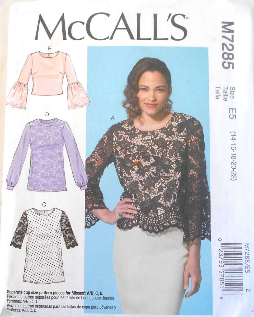 McCALLS M7285 SEMI FITTED PULLOVER TOPS SIZE 14-16-18-20-22 COMPLETE-CUT TO 22
