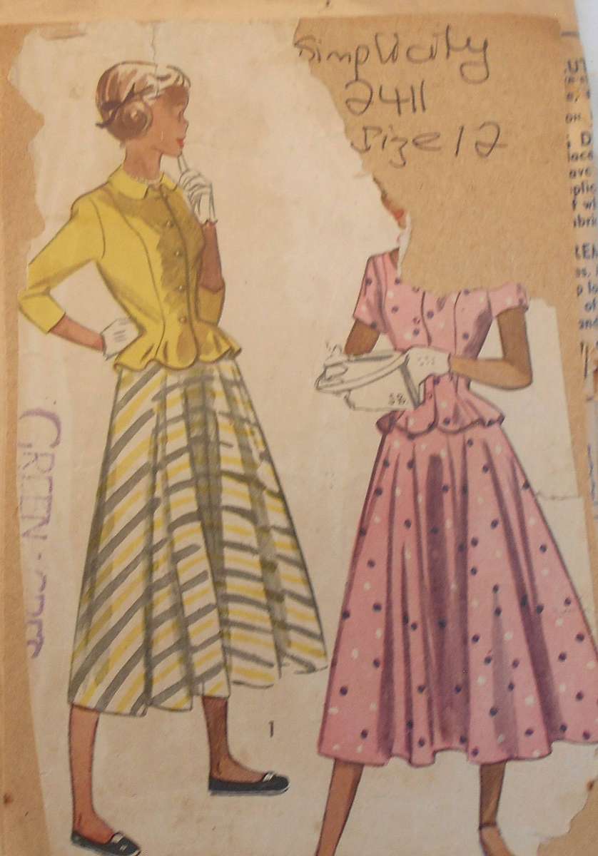 V/VINTAGE SIMPLICITY 2411 2 PIECE DRESS SIZE 12 COMPLETE-COVER WORN-ZIPLOC