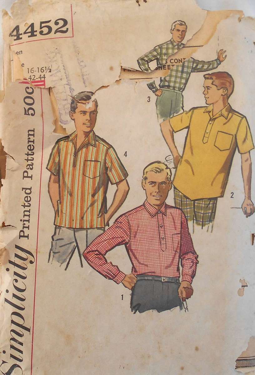 VINTAGE SIMPLICITY 4452 MEN'S SPORT SHIRTS SIZE 16-16 1/2 CHEST 42-44 COMPLETE-ZIPLOC