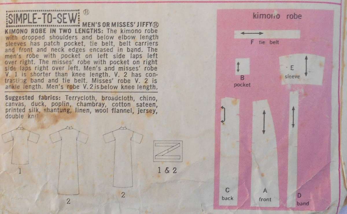 SIMPLICITY 5685 UNISEX KIMONO ROBE SIZE 10 BUST 32 1/2 COMPLETE