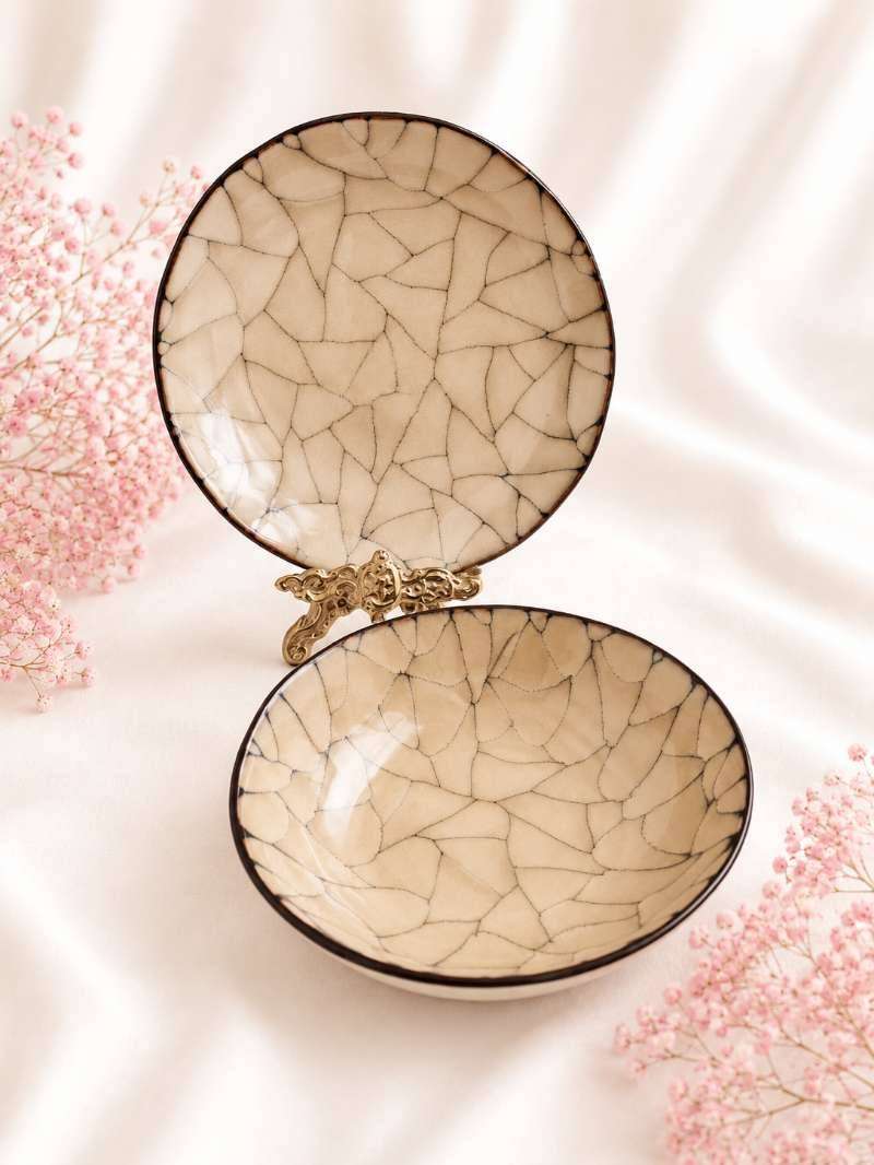 A set of two, stoneware bowl and plate Crackles mosaic design