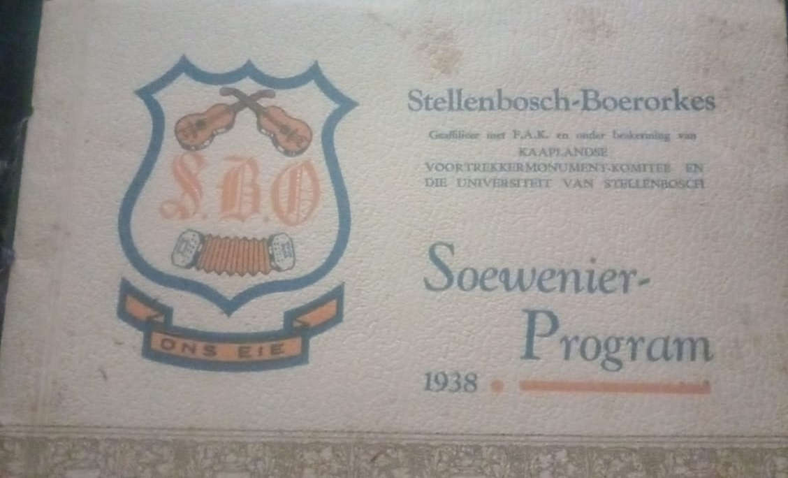 Stellenbosch-Boereorkes. Soewenier-program, 1938.