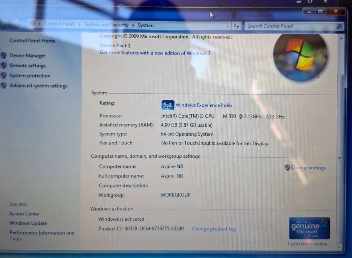 Acer 5741 Laptop i3 2.13GHZ CPU M330 4GB Ram 500Gb Hard Drive