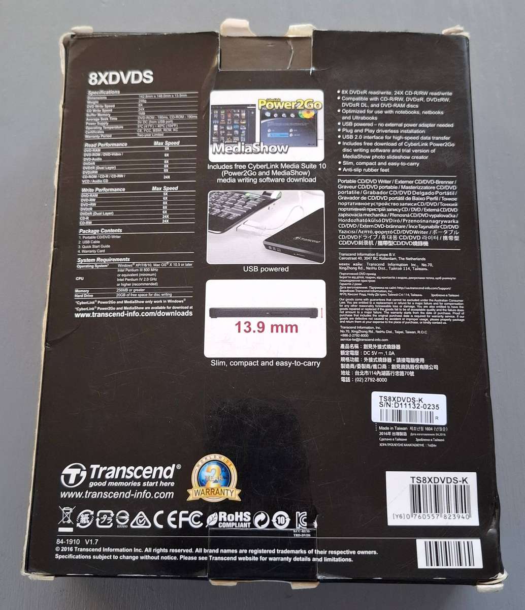 Transcend Portable USB External  CD-DVD Writer Black