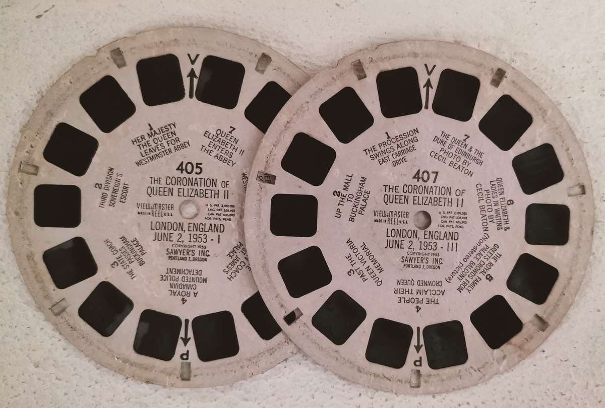 Vintage Bakelite view master (stereo viewer) with 2 Coronation reels