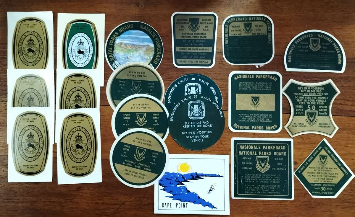 National Parks Board vehicle stickers from the 70s (17 parks, 22 stickers)