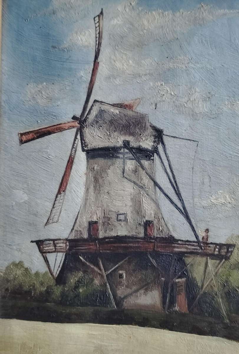 Vintage oil painting of Dutch Windmill (by E Kustner) - Circa 1930?