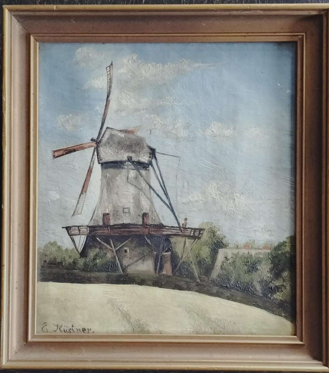 Vintage oil painting of Dutch Windmill (by E Kustner) - Circa 1930?