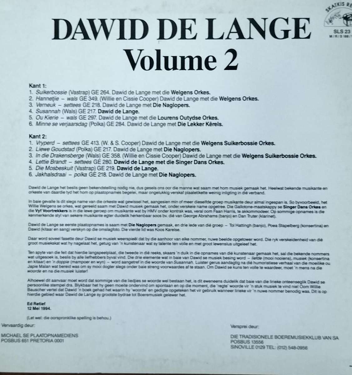 Boere musiek plaat - Vinyl / LP / Record - Dawid de Lange (Volume 2)