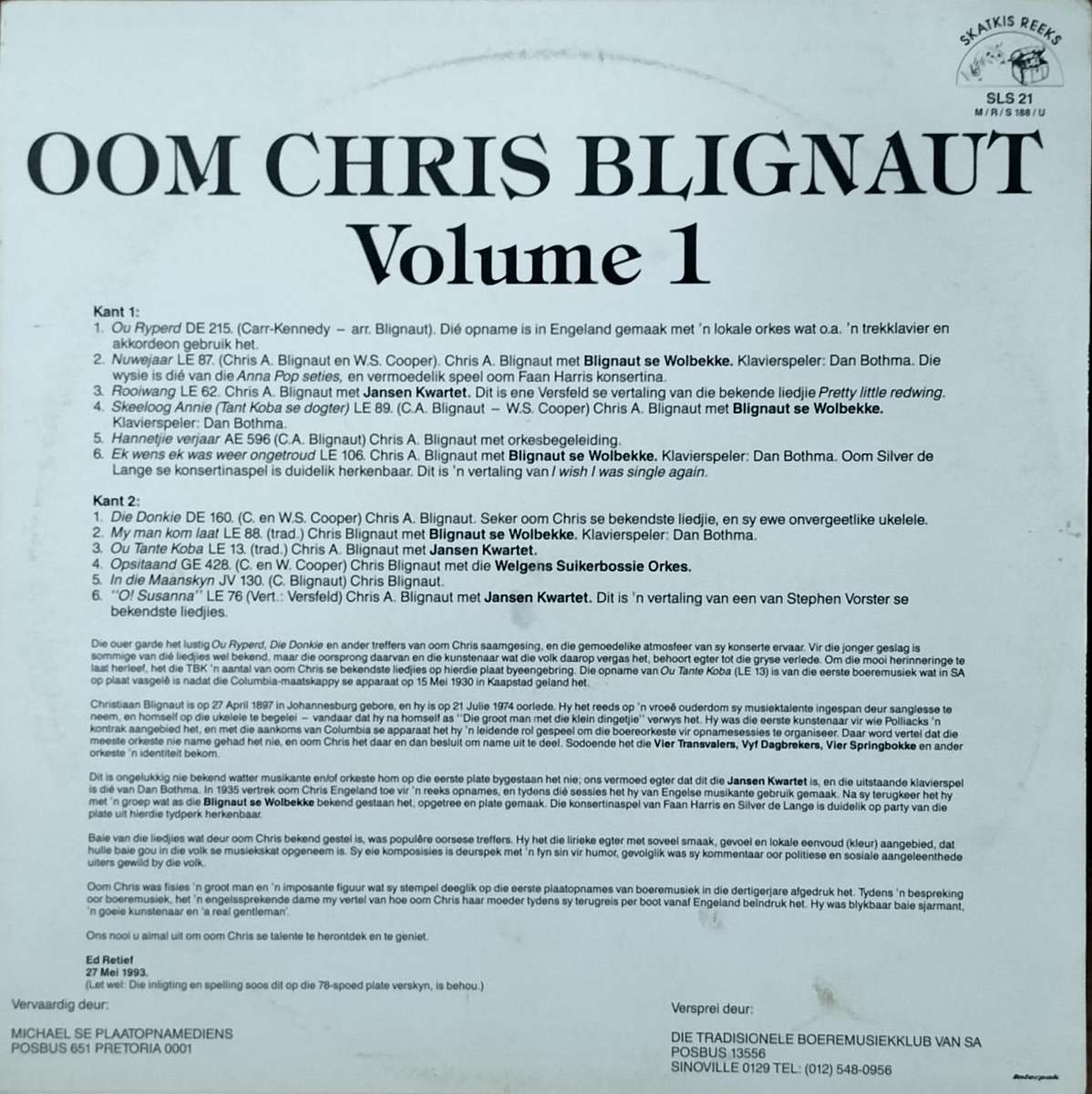 Boere musiek plaat - Vinyl / LP / Record - Oom Chris Blignaut (Volume 1)