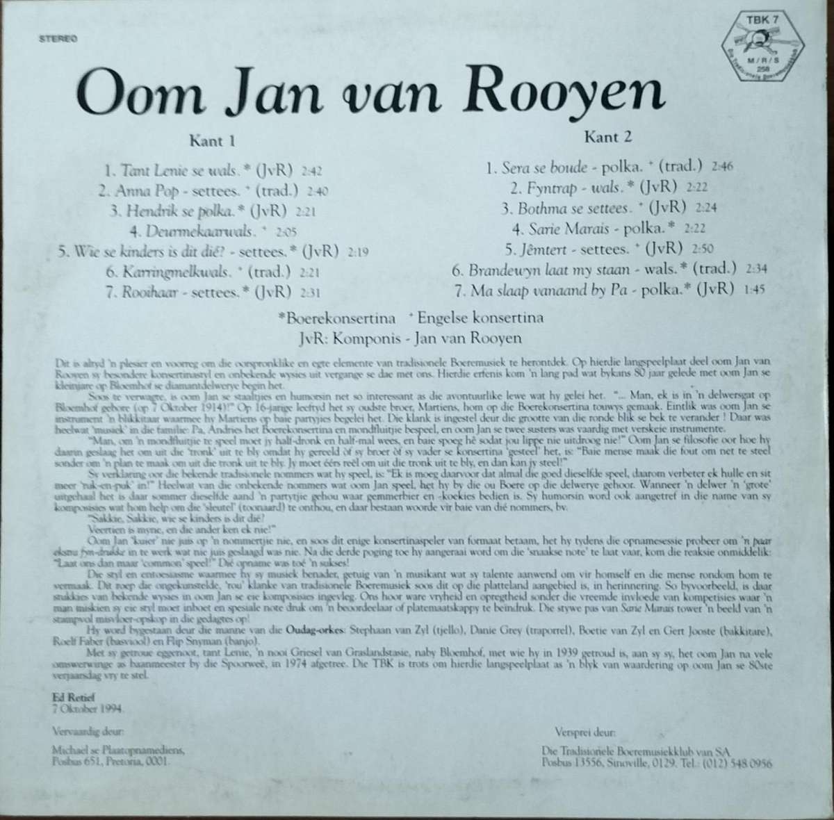 Boere musiek plaat - Vinyl / LP / Record - Oom Jan van Rooyen