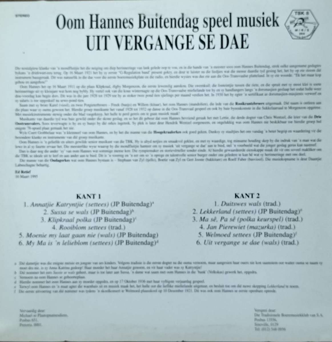 Boere musiek plaat - Vinyl / LP / Record - Oom Hannes Buitendag speel musiek uit vergange se dae
