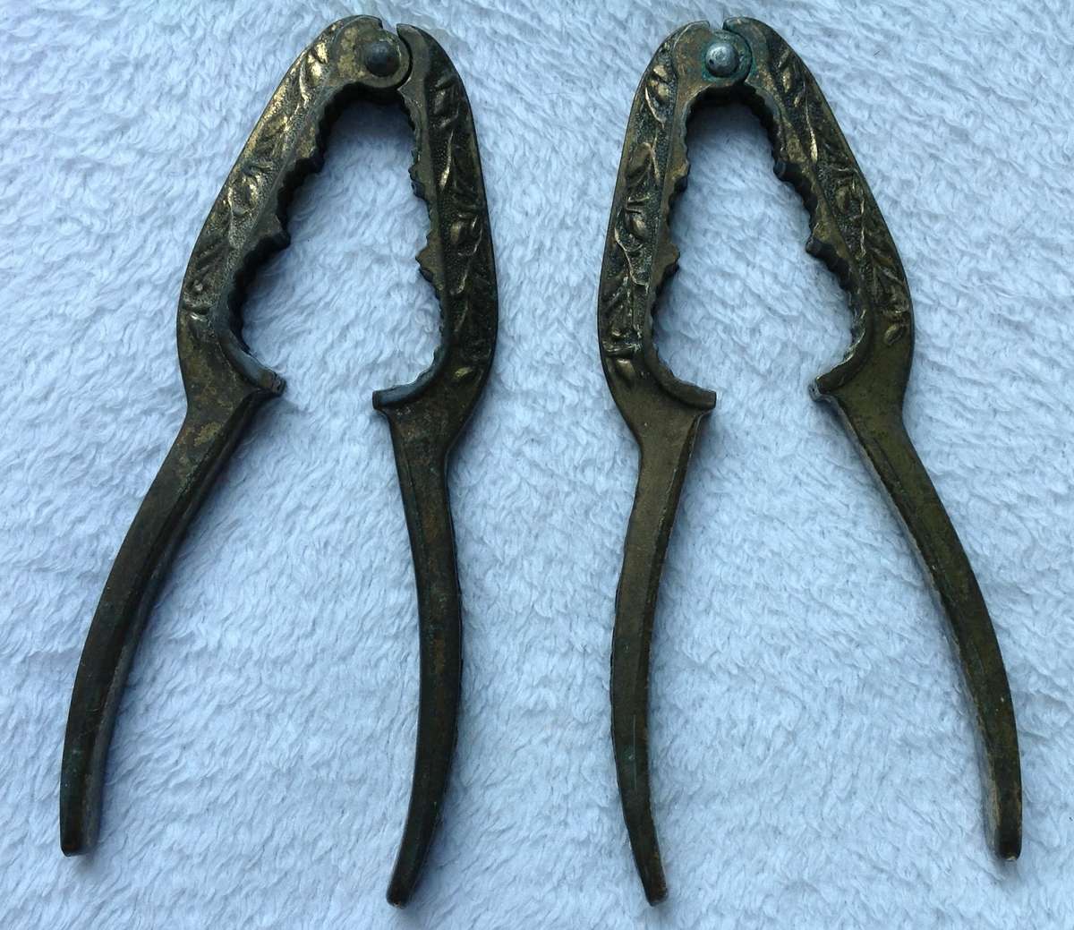 Pair of antique French Brass Nutcrackers with engraved leaf decor - early 20th century