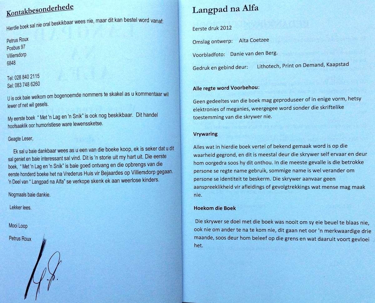 LANG PAD NA ALFA - Petrus Roux - Boek geteken deur Skrywer