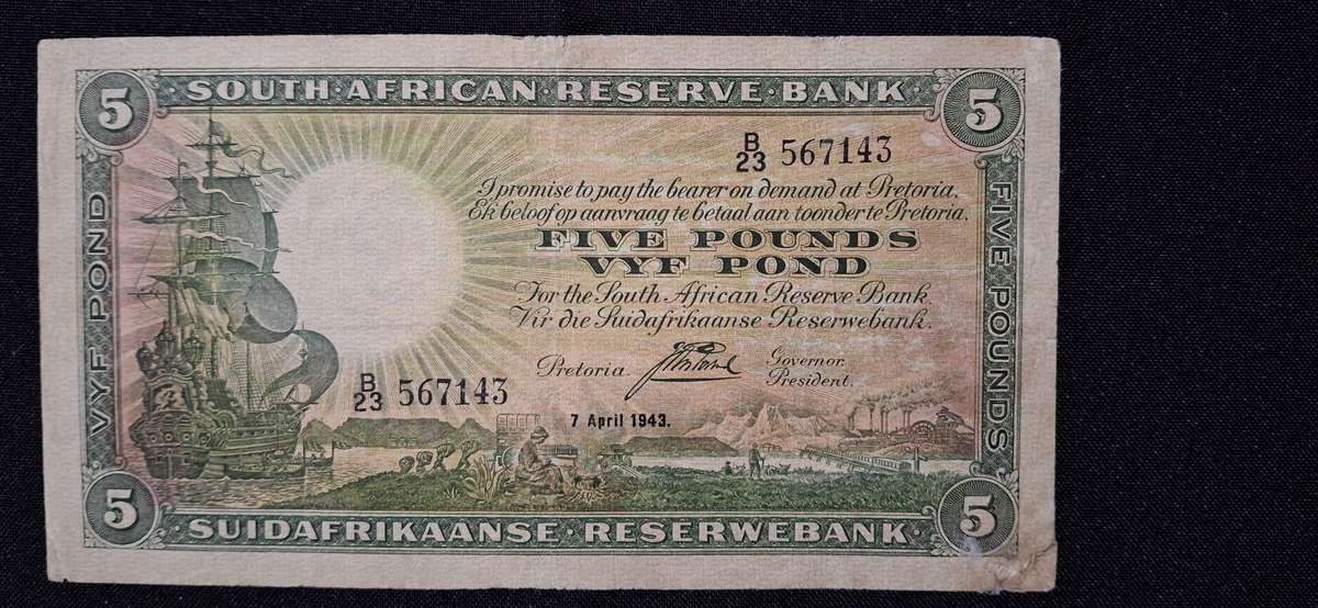 J POSTMUS 5 POUND 7 APRIL 1943 - B23 - 567143 VAN RIEBEECK WTM E/A 1st ISSUE