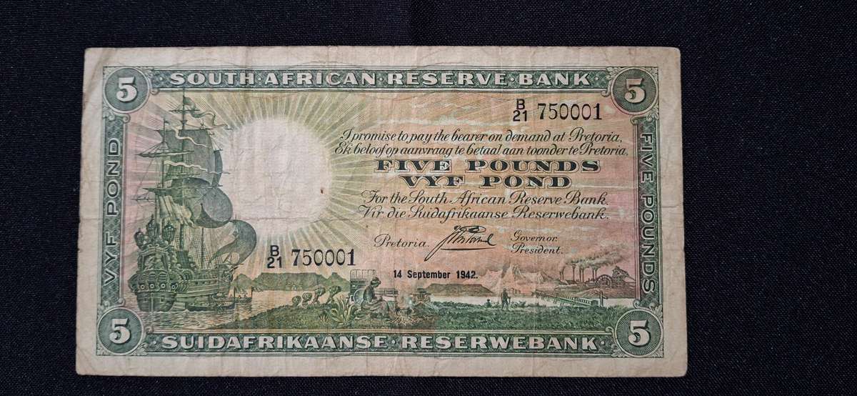 J POSTMUS 5 POUND 14 SEPTEMBER 1942 - B21 - 750001 VAN RIEBEECK WTM E/A 1st ISSUE