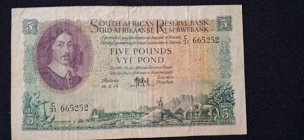 MH DE KOCK 5 POUND NOTE SERIAL NUMBER C31-665252-16 FEBRUARY 1954  CIRCULATED