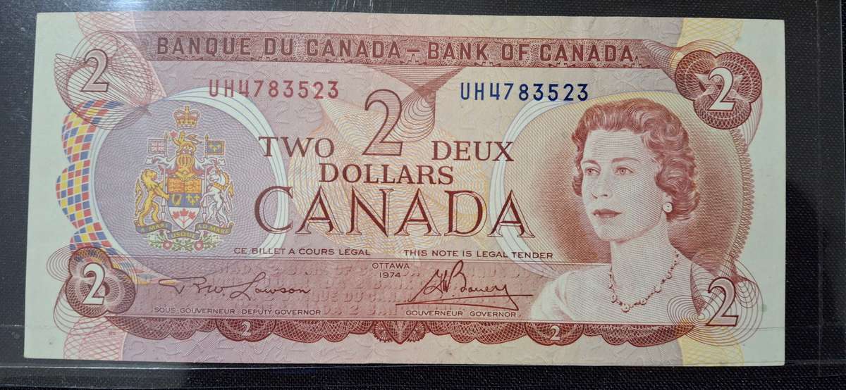 QUEEN ELIZABETH 11 BANK OF CANADA  1974 TW0 DOLLAR  NUMBER UH4783523 UNCIRCULATED VERY SCARCE