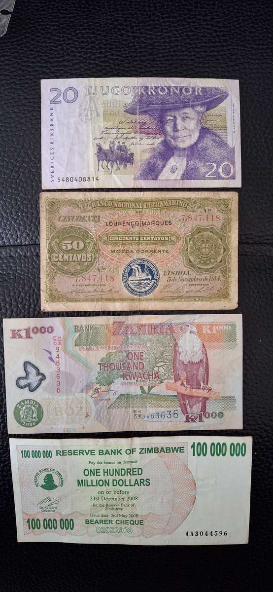 Set of 11  RSA and other WORLD Banknotes Circulated with QE 2nd Bank of Muaritius 25 rupees