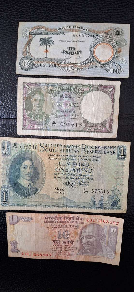 Set of 11  RSA and other WORLD Banknotes Circulated and  King Edward - Ceylon One Rupee