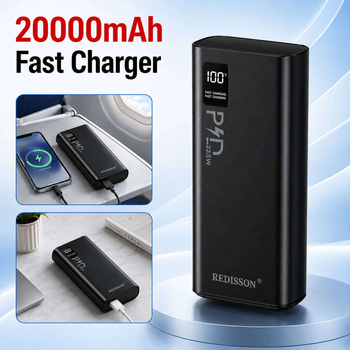 20000mAh Dual USB Portable Power Bank, LED Power Display