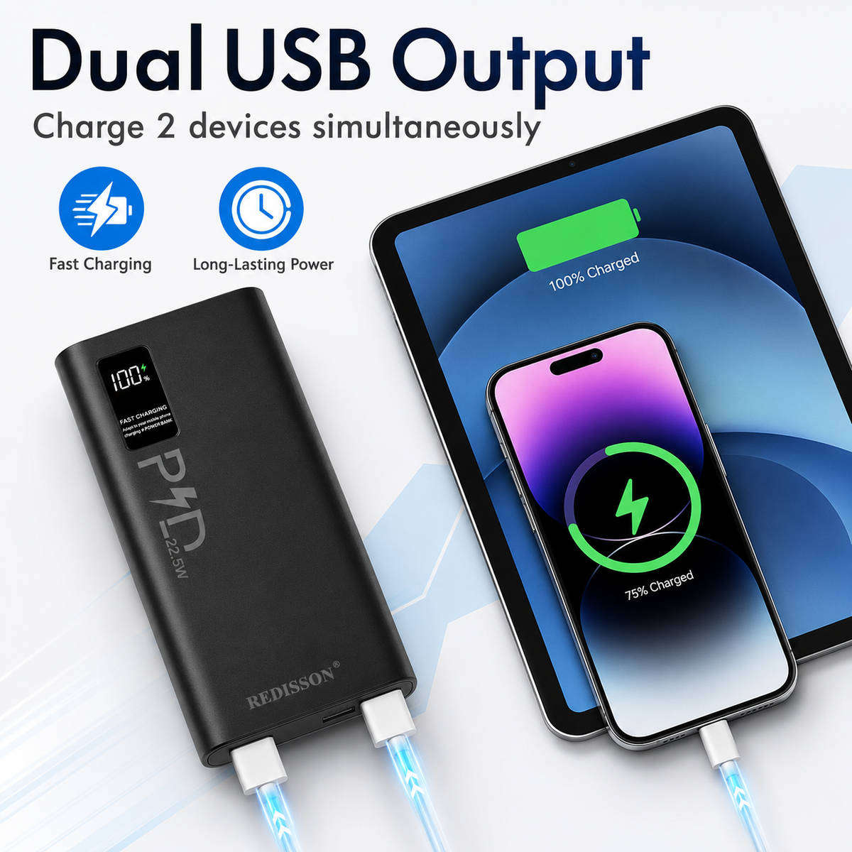 20000mAh Dual USB Portable Power Bank, LED Power Display