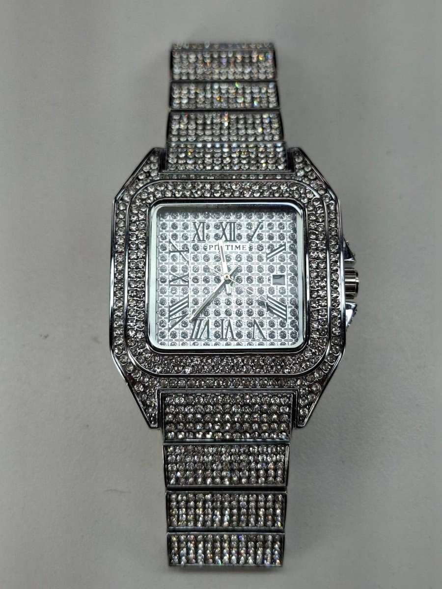Fully Iced Out Silver Tone Bling Watch  Diamond-Style Crystal