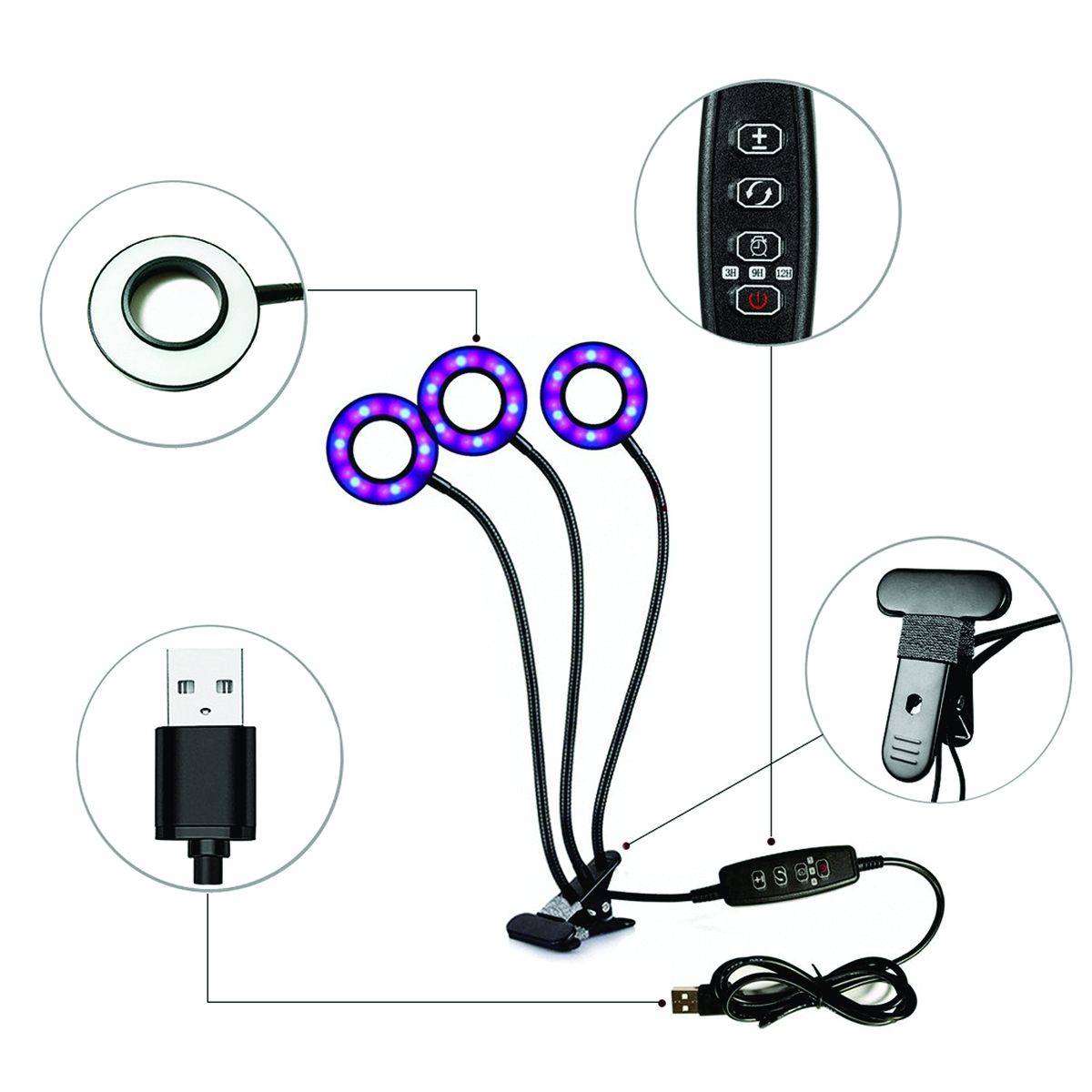 3 Arm Indoor Hydroponic LED Grow Light 36W 42 LED 360° Flexibility 3 Colour