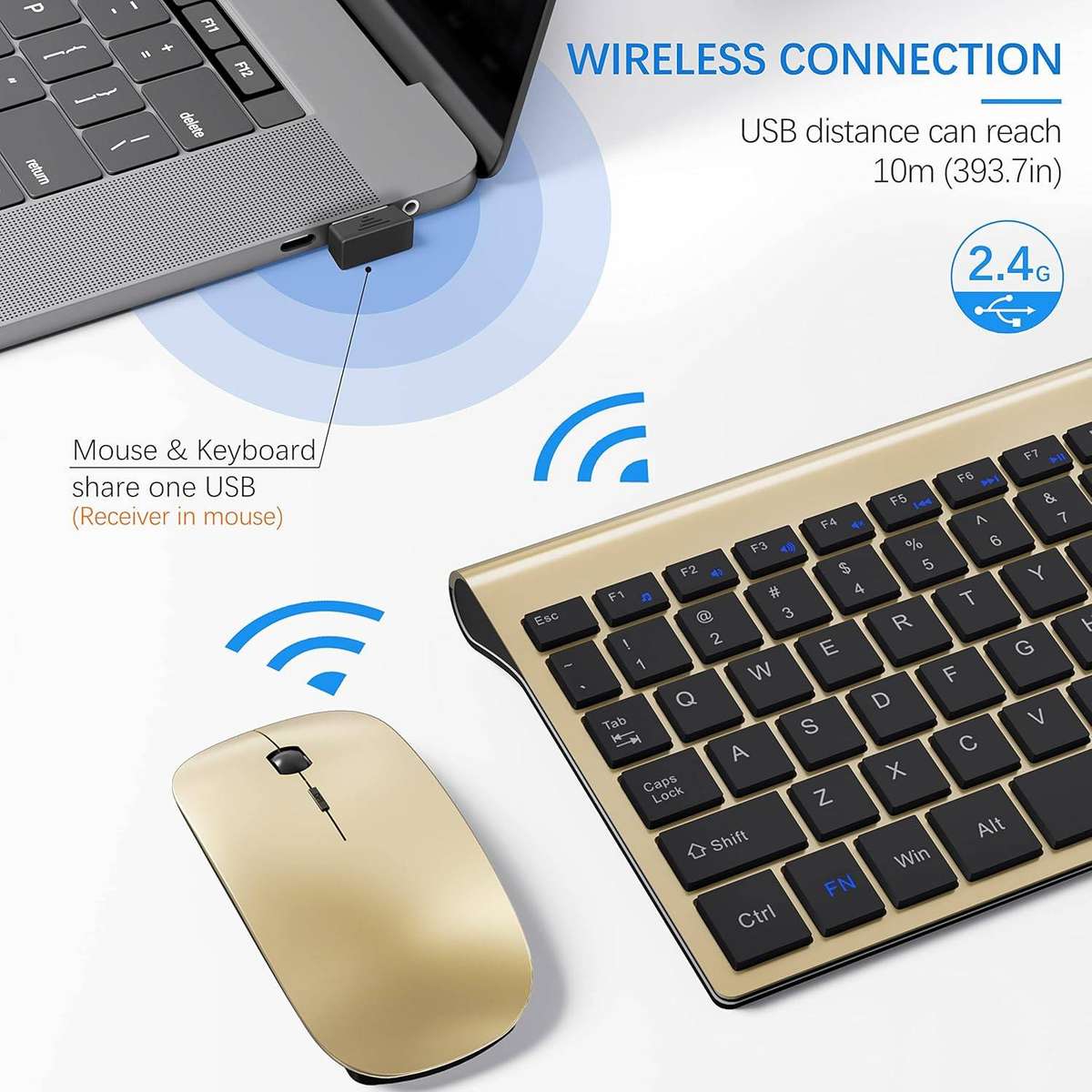 Wireless Keyboard and Mouse Combo - Gold Black