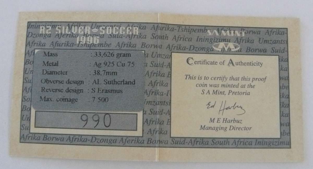 ## 1996 Proof Silver R2 Soccer - Victory Coin for African Cup of Nations  - in SAM Box with COA ##