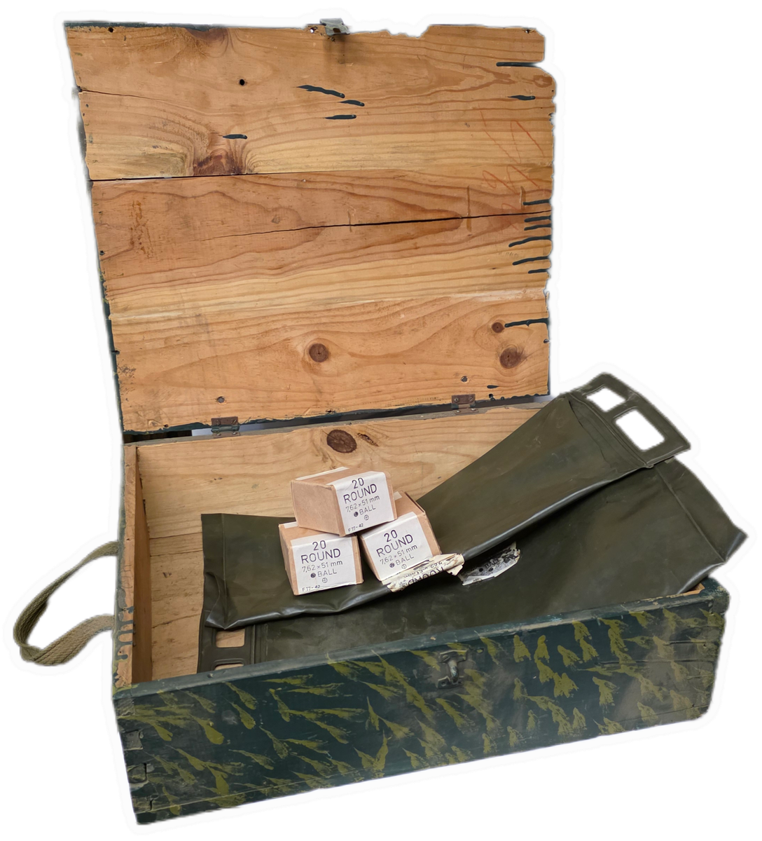 RHODESIAN FN AMMO CRATE WITH  STORAGE BAGS AND EMPTY CARTRIDGE SHELL BOXES