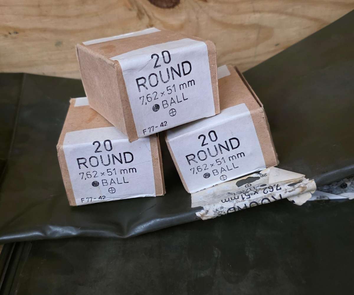 RHODESIAN FN AMMO CRATE WITH  STORAGE BAGS AND EMPTY CARTRIDGE SHELL BOXES