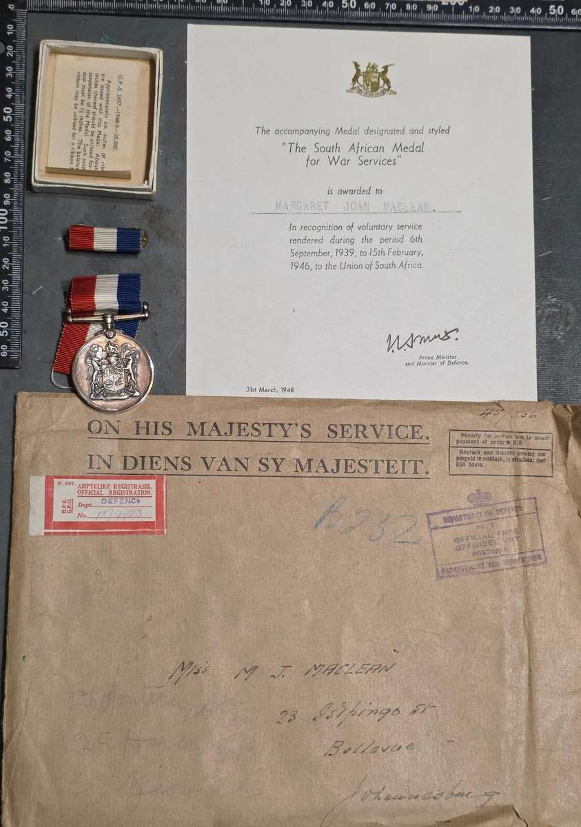 WW2.Womans SA Medal For War Services Lot