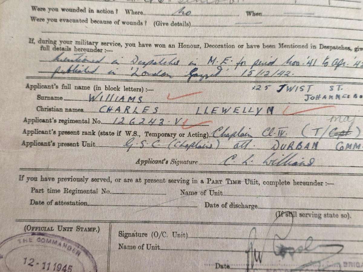 WW2 UDF Chaplain Officer MID Medal Group With Papers.