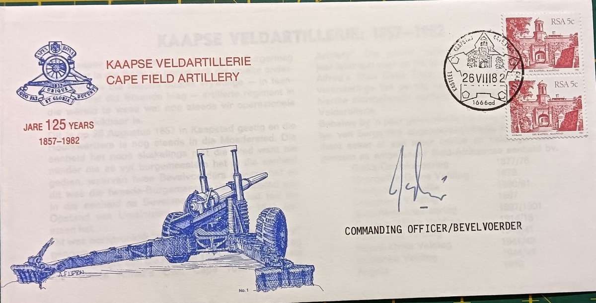 RSA 1982 FDC Cape Field Artillery signed by the Commanding Officer