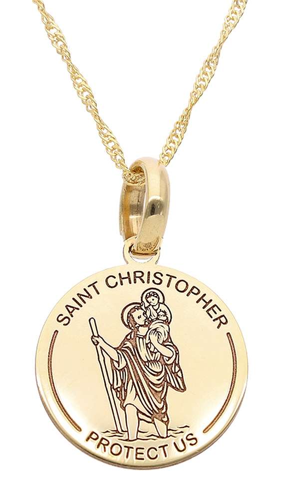 9k / 9ct gold round Saint Christopher disc, 12mm, flat, etched