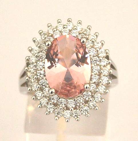 RING: oval CZ Morganite, double CZ halo, 23mm long, sterling silver