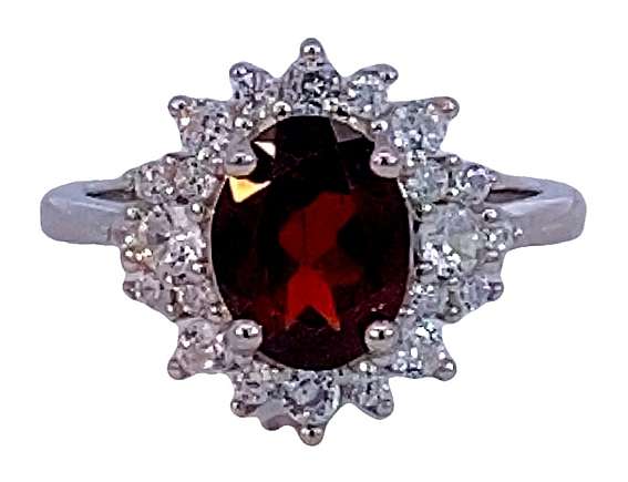 RING: oval CZ Garnet & CZ halo, 14mm long, sterling silver GLAMOROUS