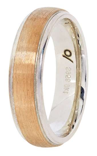 Designer wedding BAND: 9k / 9ct gold & Argentium silver, 6mm wide, domed, brushed, rim a STUNNER
