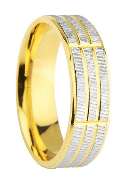 9k / 9ct yellow & white gold Designer BAND: 6mm wide, diamond-cut, size M. Exclusive. Last one!