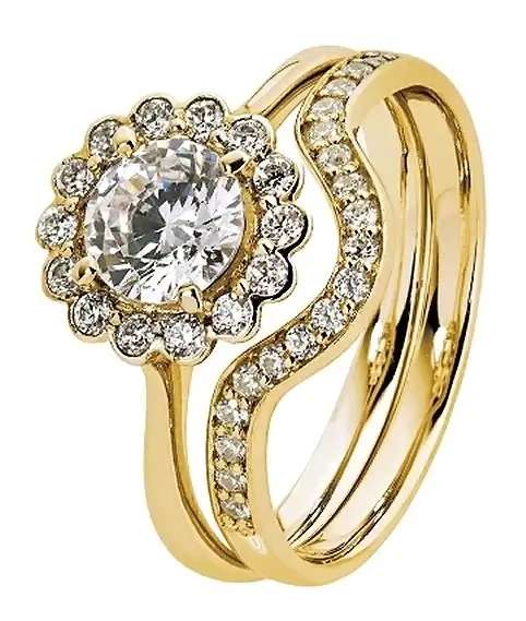 9k / 9ct yellow gold Engagement or Dress petal halo RING: simulated diamonds  GLAMOROUS