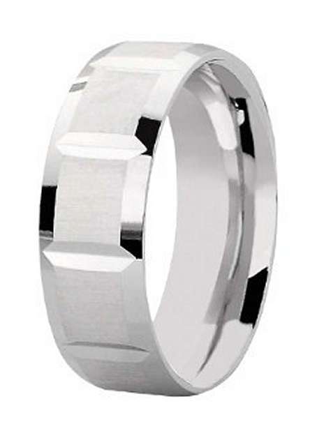 9k / 9ct white gold Designer BAND: 6mm wide, diamond-cut, size T. Exclusive. Last one!